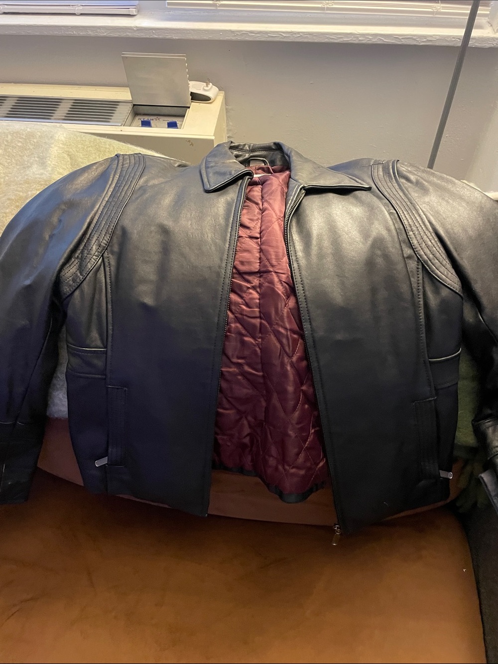 Black Leather Jacket with Burgundy Quilted Lining